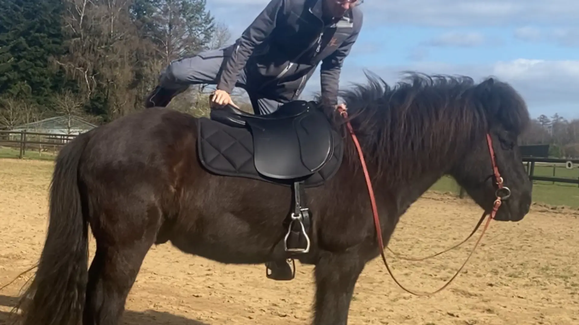 Reiter steigt auf Pferd auf und hält sich am Hinterzwiesel fest